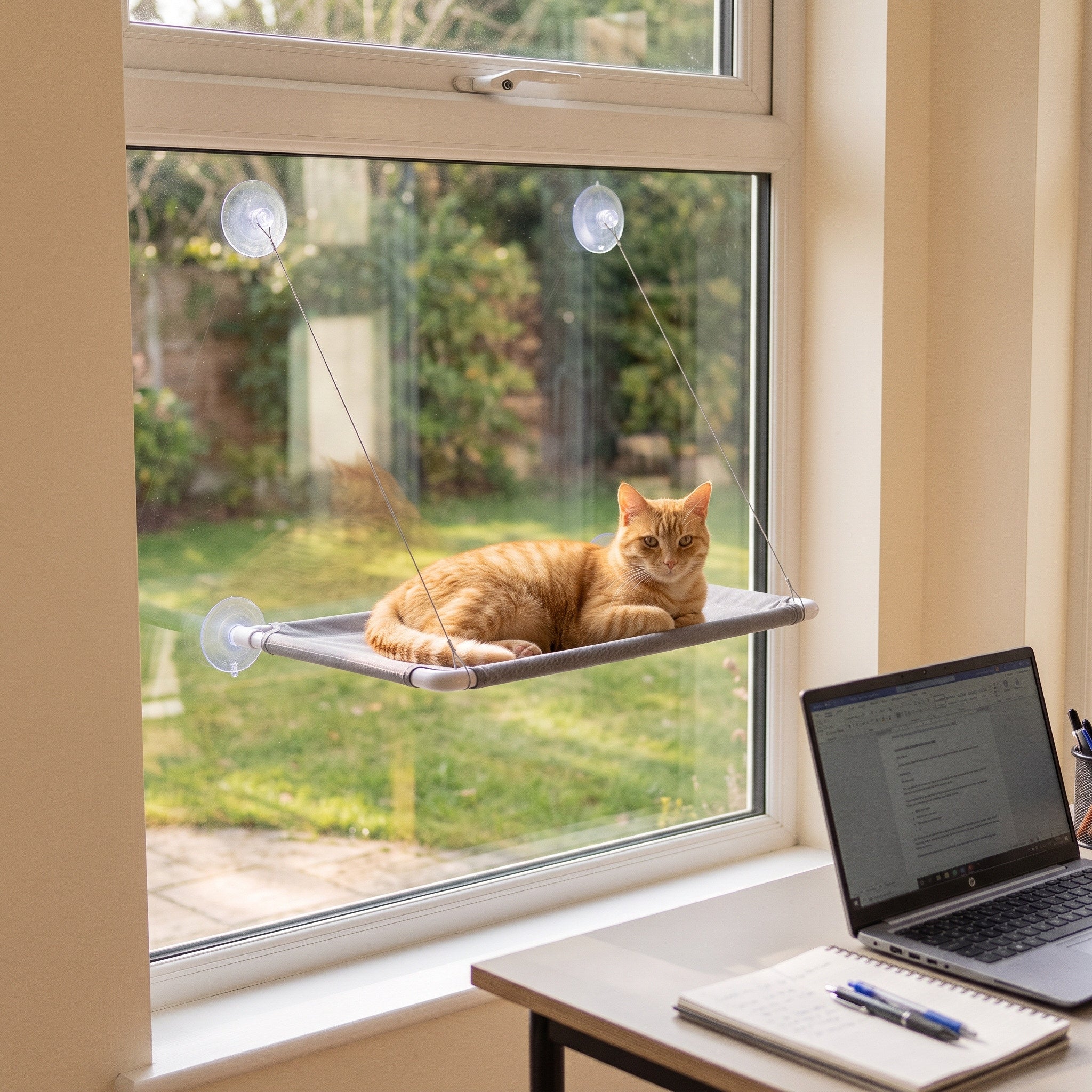 Cat On Grey Sunny Perch Beside A Home Office Desk