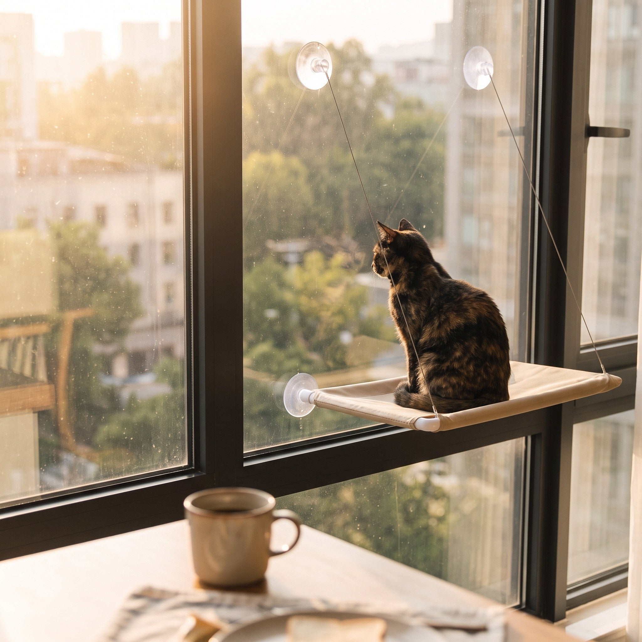 Cat On Khaki Sunny Perch At A Breakfast Window