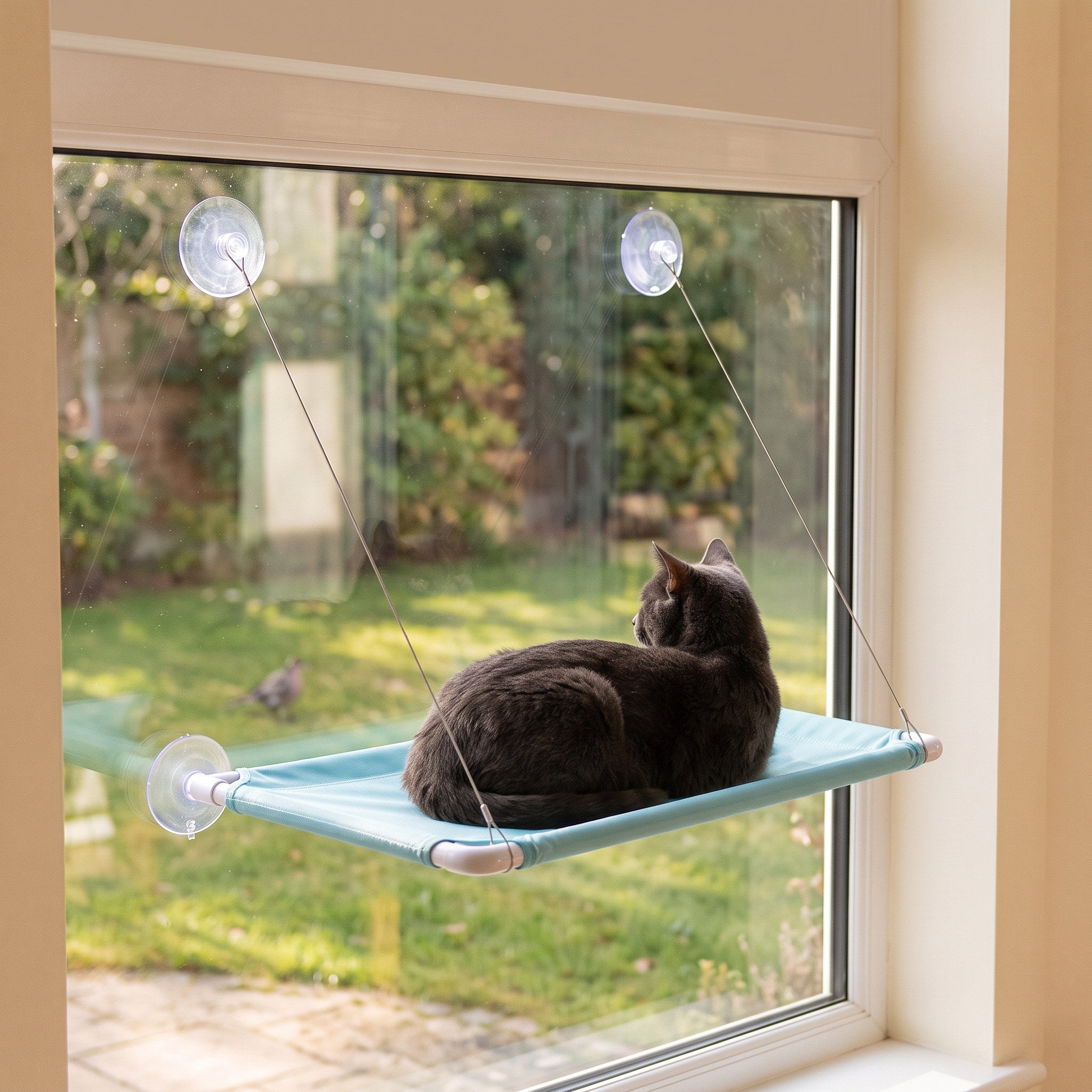 Cat Birdwatching On A Light Cyan Sunny Perch