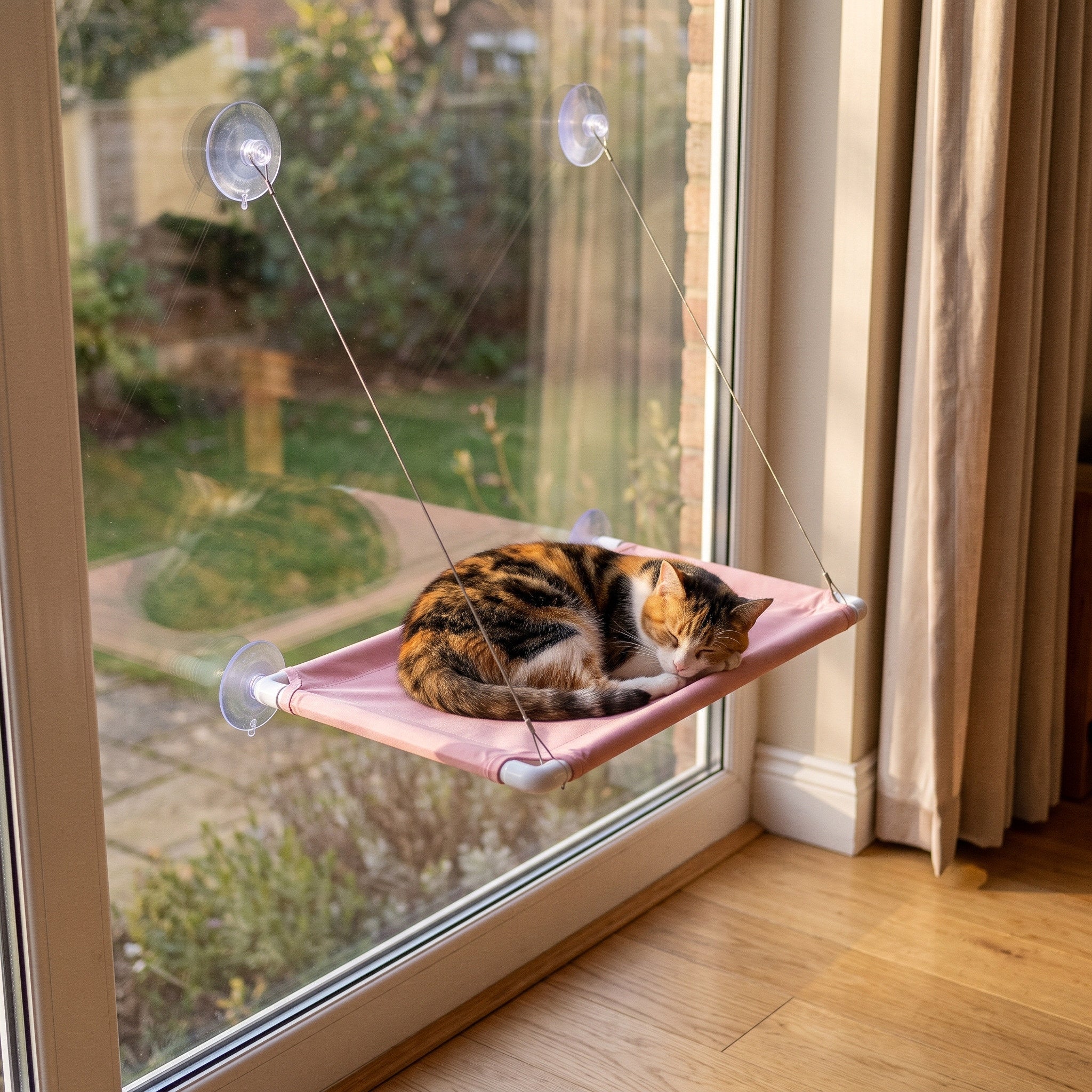 Calico Cat Napping On A Pink Sunny Perch