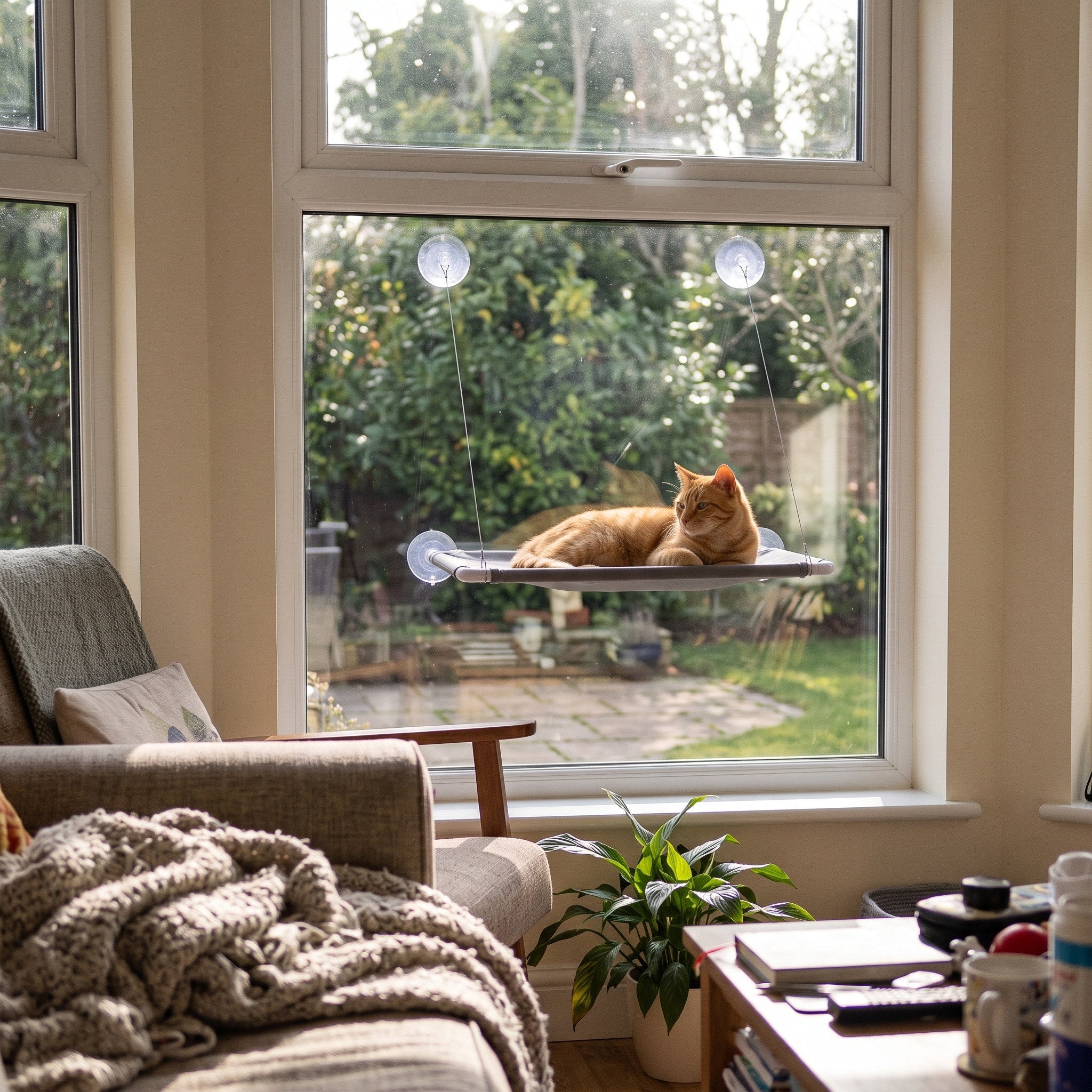 Cat Resting On Grey Perch In A Sunny Lounge