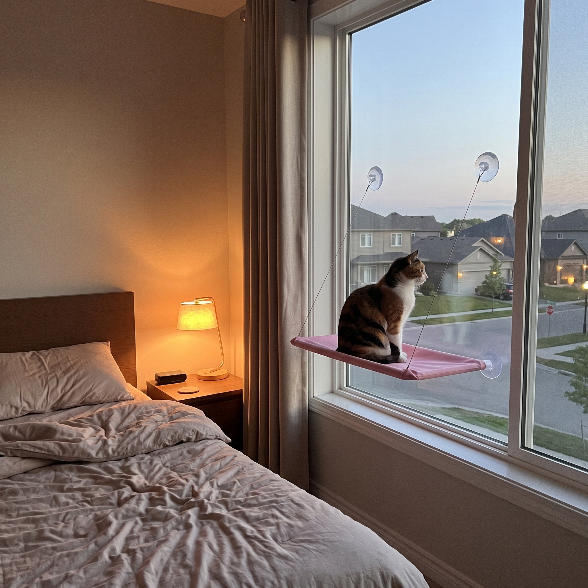 Cat On Pink Perch At A Bedroom Window At Dusk