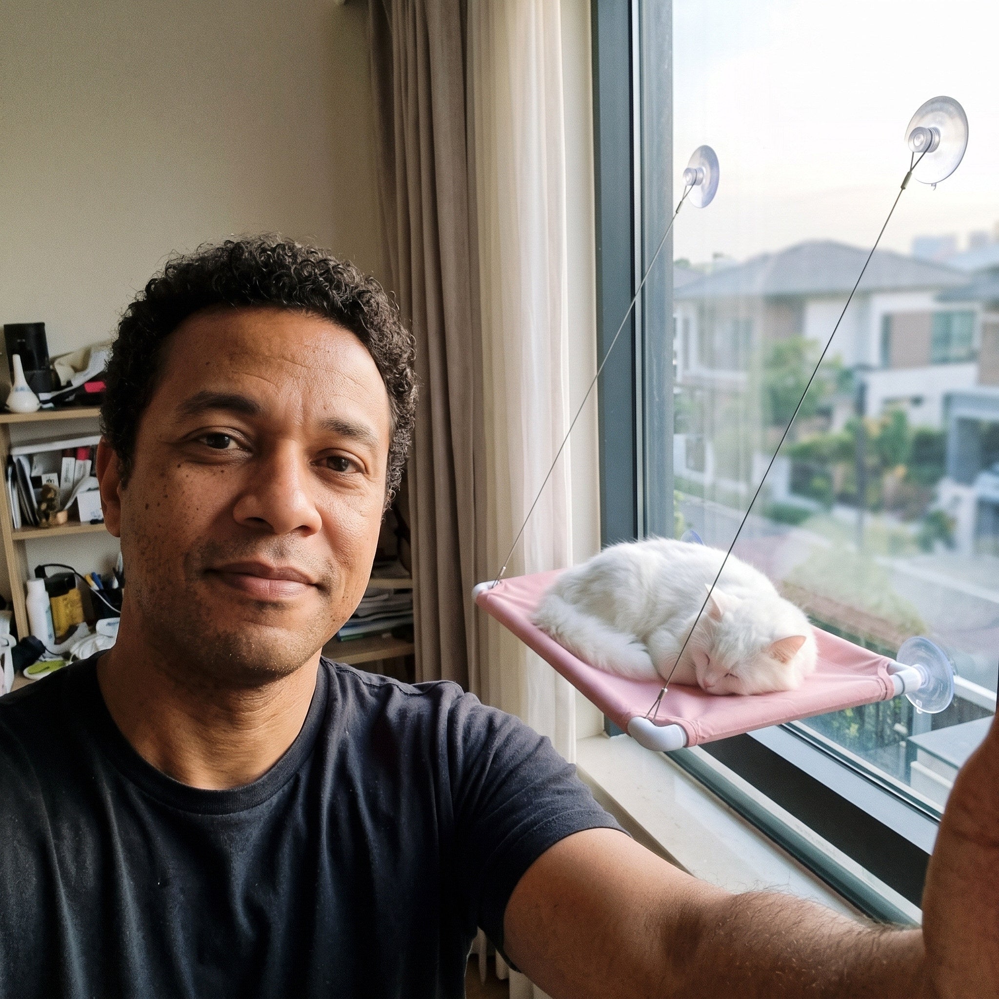 Owner Selfie Beside A Cat On Pink Perch