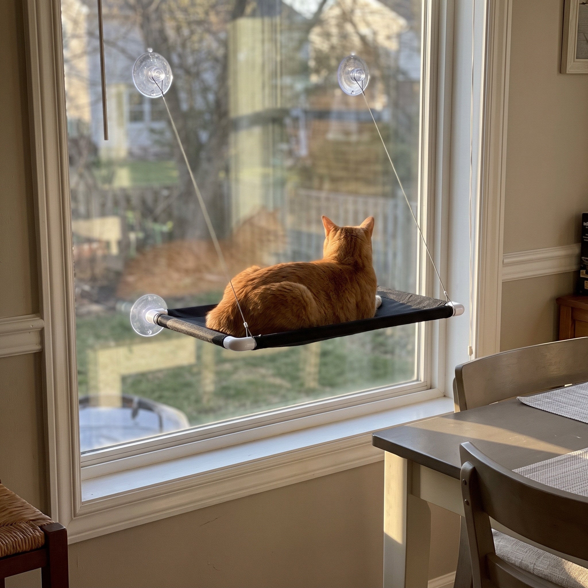 Cat Watching Outside From A Black Perch