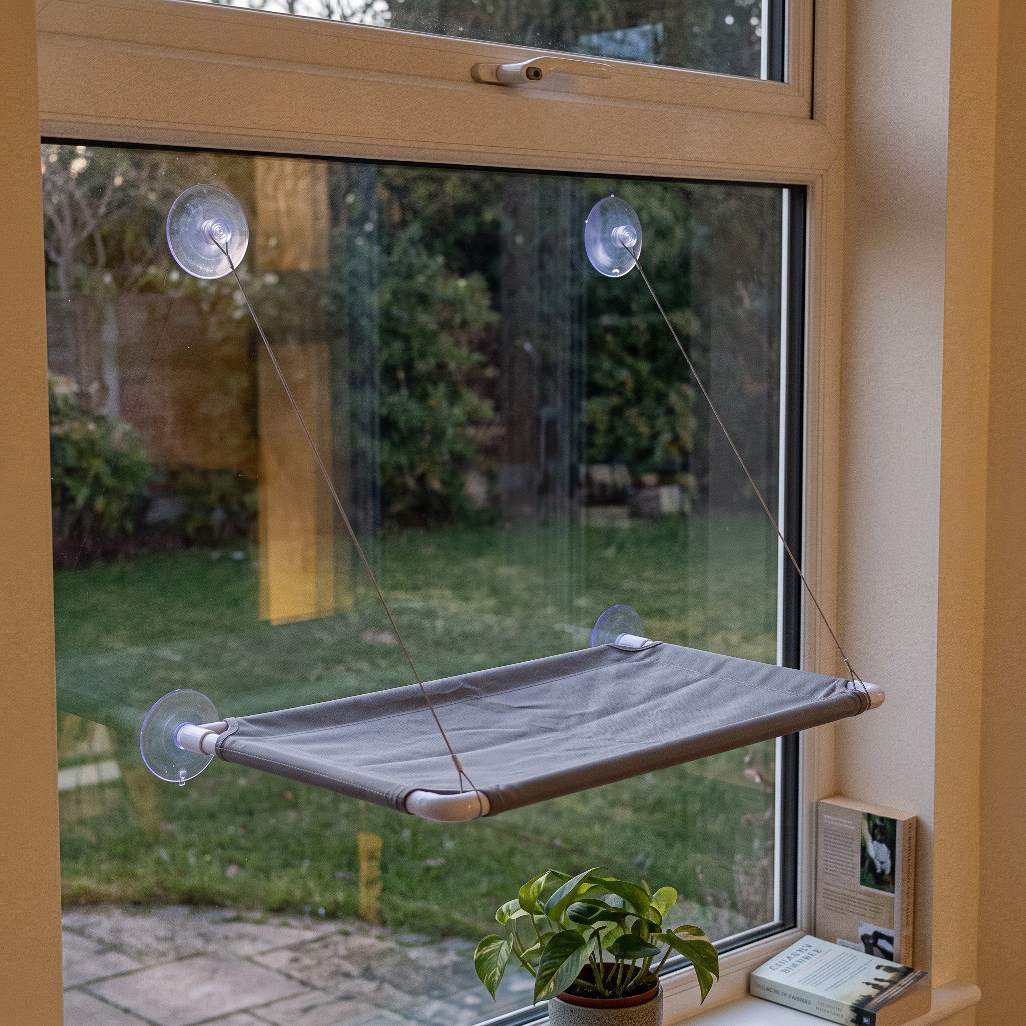 Grey Perch At An Evening Window Beside Plants