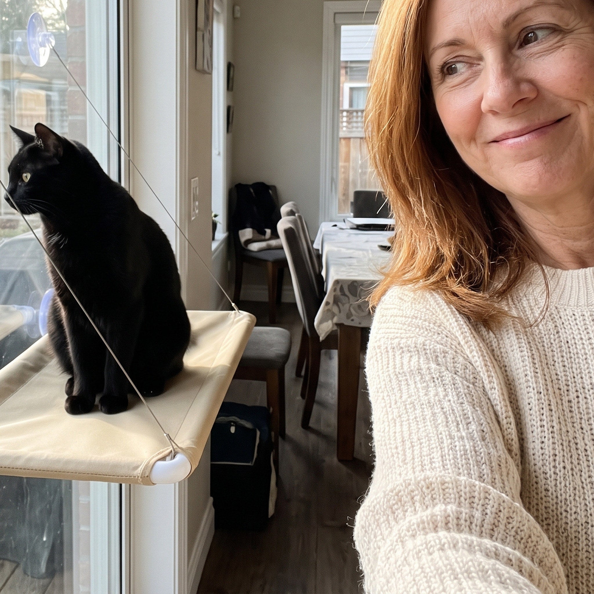 Owner Selfie Beside A Cat On Khaki Perch