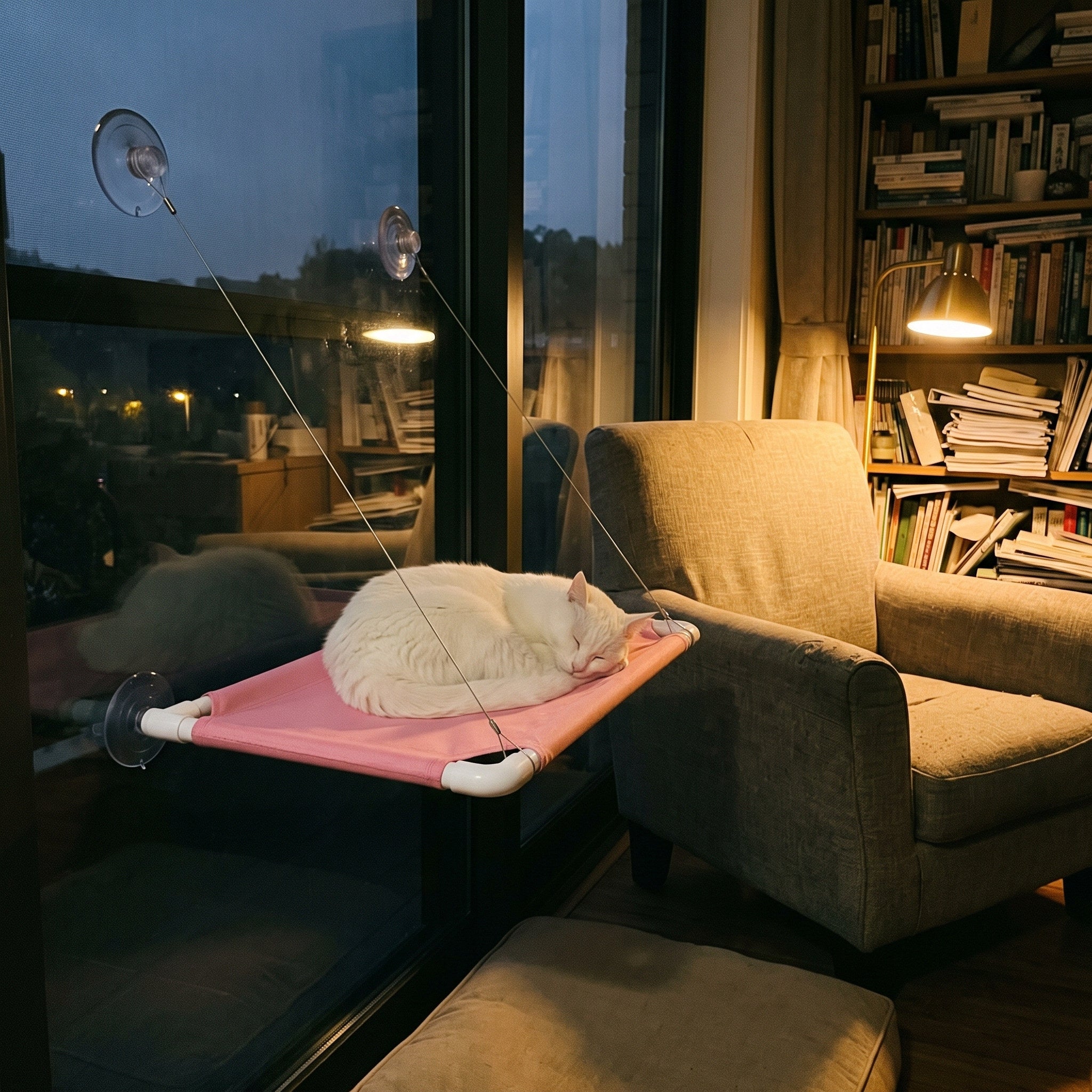 Cat Napping On Pink Perch By A Reading Chair