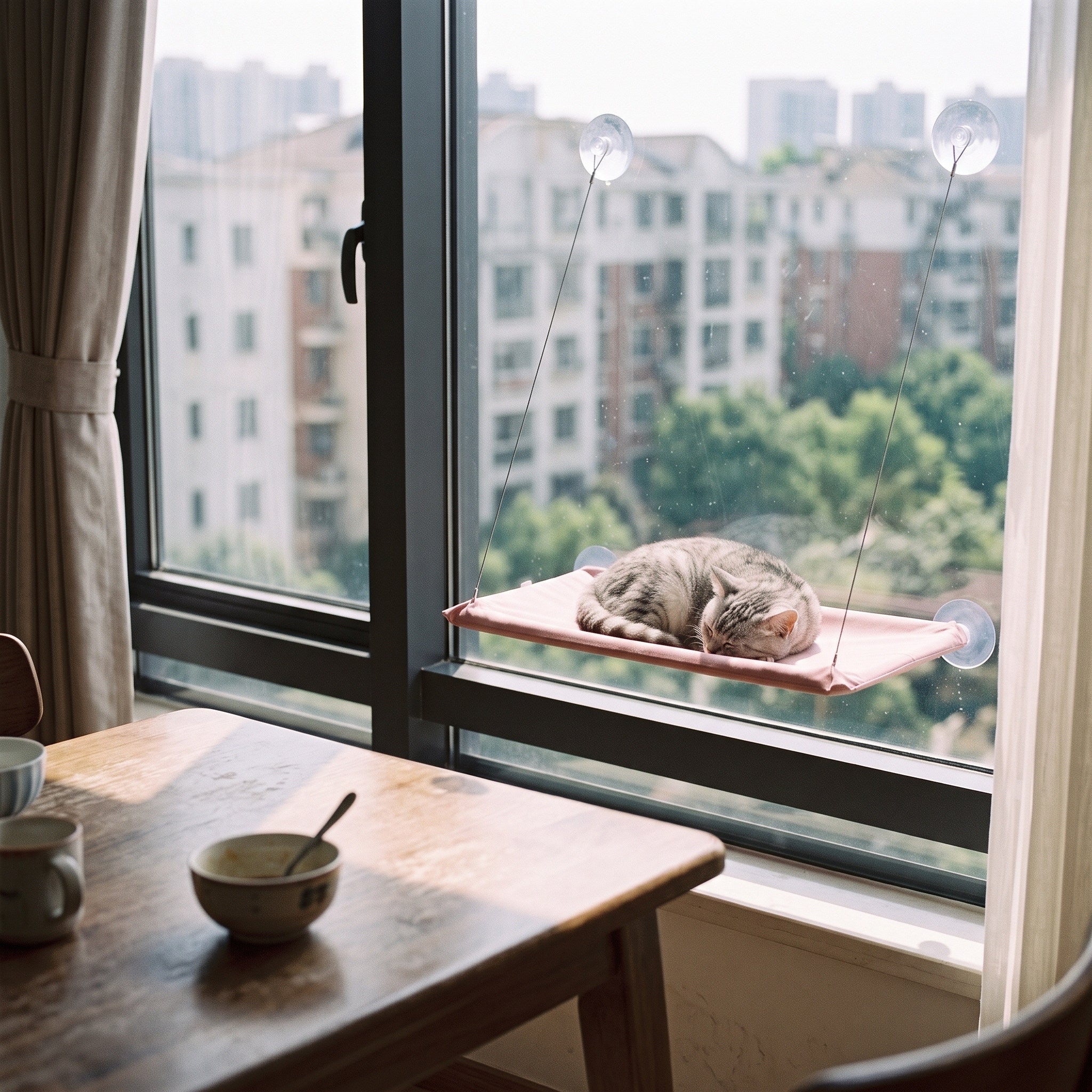 Cat Napping On Pink Sunny Perch At Breakfast Nook